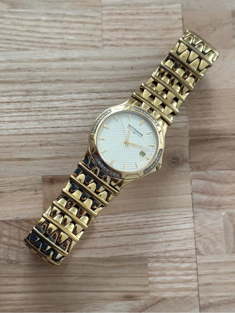Wittnauer Rare Diamond Vintage Men’s Watch Gold Dial Bracelet Case Date Window